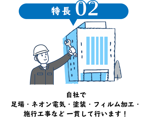 自社で足場・ネオン電気・塗装・フィルム加工・施工工事など一貫して行います！